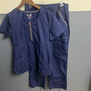 Women's Smitten Scrub Set, Small Top And Bottom Navy Blue Gold Zipper